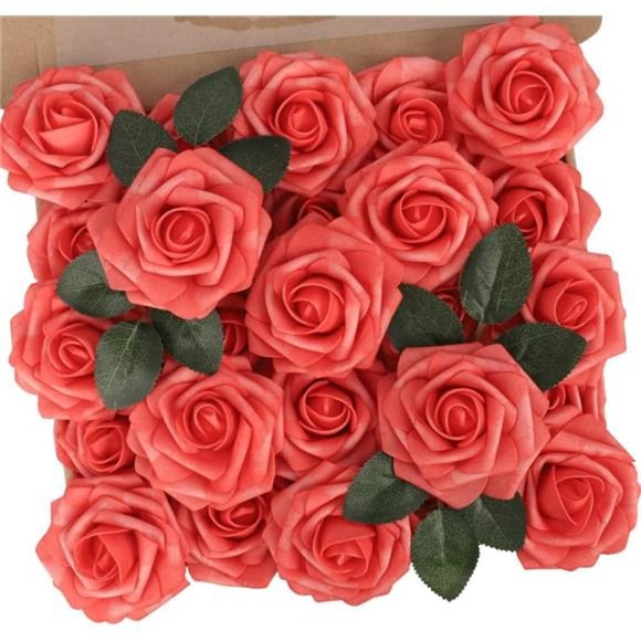Artificial Fall Wedding Flowers 25pcs Coral Mother's Day Fake Roses w/Stem DIY - Picture 1 of 7